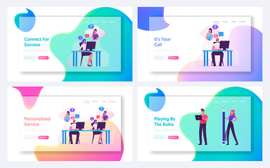Wall Mural - technical receptionist take client call, businesspeople with laptop and pen website landing page set