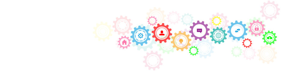Information technology with infographic elements and flat icons. Cogs and gear wheel mechanisms. Hi-tech digital technology and engineering. Abstract technical background.