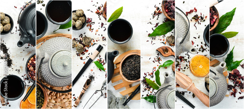 Plakat Photo banner. Photo collage, tea ceremony, tea in teapot with cups. On a white wooden background.
