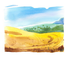 Watercolor illustration with landscape field. Nature background. Organic farms. Eco growing. Agriculture