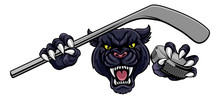 A Panther Ice Hockey Player Animal Sports Mascot Holding A Hockey Stick And Puck