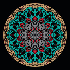 Wall Mural - abstract mandala graphic design decorative elements isolated on black color background for ancient g