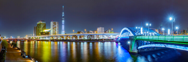 Wall Mural - Cityscape of Tokyo skyline, panorama view of office building at Sumida river in Tokyo in the evening. Japan, Asia.