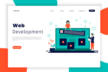 Wall Mural - website development landing page templates with people who work together. the design can be used for