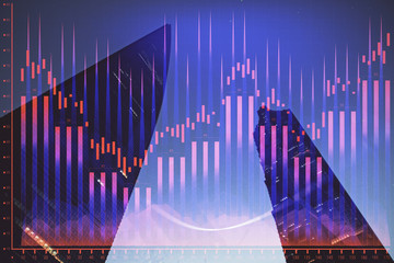 Forex chart on cityscape with tall buildings background multi exposure. Financial research concept.