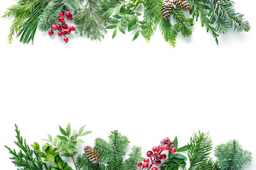 Wall Mural - flat lay composition with winter fir branches, cones, holly isolated on white background