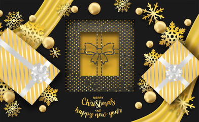 Wall Mural - Happy new year and Merry Christmas. Design with gift box and gold snowflakes on black and gold background .vector. illustration.