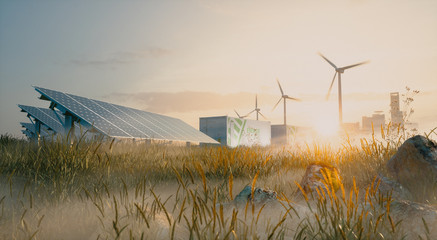 Wall Mural - Concept of renewable energy solution in beautiful morning light. Installation of solar power plant, container battery energy storage systems, wind turbine farm and city in background. 3d rendering.