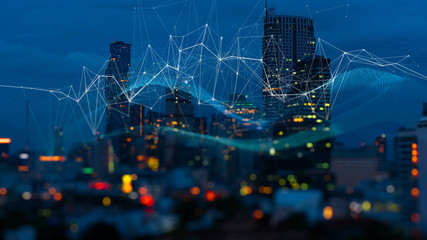 Fototapete - Wireless network and Connection technology concept with Abstract buildings and city background