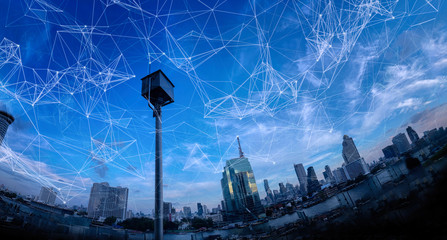 Fototapete -  Wireless network and Connection technology concept with Abstract Bangkok city background