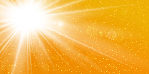 Wall Mural - Rays yellow background. Gold sunny sky. Heat sunburs, hot weather. Sunshine orange sky. White warm sunlight. Bright golden solar sunrise, summer template. Lens optic effect. Vector illustration