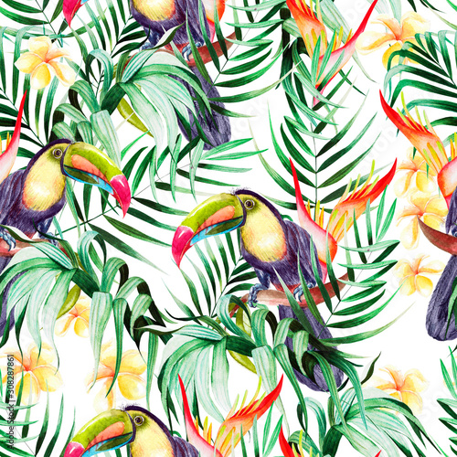 beautiful-watercolor-seamless-pattern-with-tropical-leaves-and-bird-tukan-hibiscus-flowers-and-strelitzia