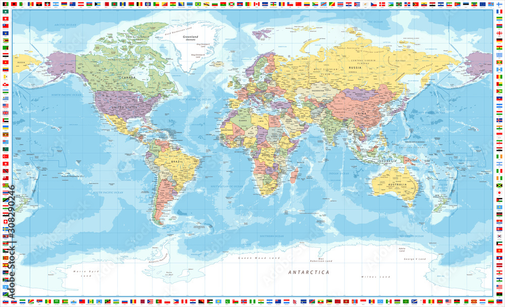 World Map Political and Flags - Vector Detailed Illustration - obrazy, fototapety, plakaty 