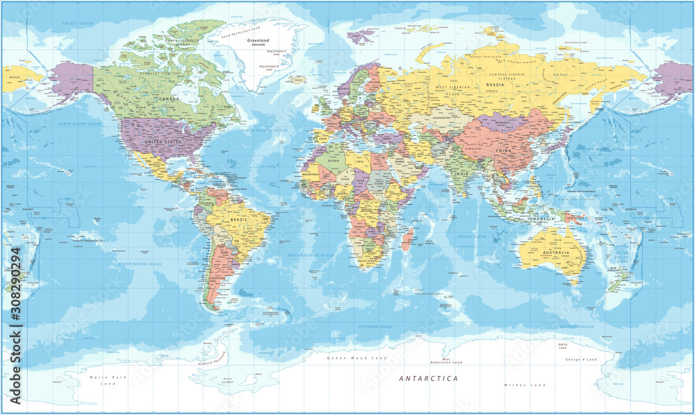 World Map - Political - Vector Detailed Illustration - obrazy, fototapety, plakaty 