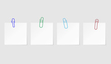 Vector Red Blue And Green Paperclips On White Empty Blank Office Note Paper. Fastener For Memo Text