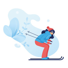 Yong Girl Is Skiing. Winter Game Sport Vector Flat Illustration Of Skier. Outdoor Snow Recreation, Cartoon Character. Frozen Plants Isolated Background. Vector