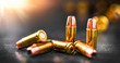 Bullets ammunition on stone table wide banner or panorama. Bullet background copy space. Rounds and ammo into 9mm hand gun.