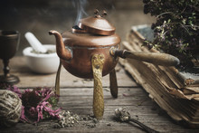 Old Boiling Teapot, Dry Coneflowers, Old Books And Medicinal Herbs.