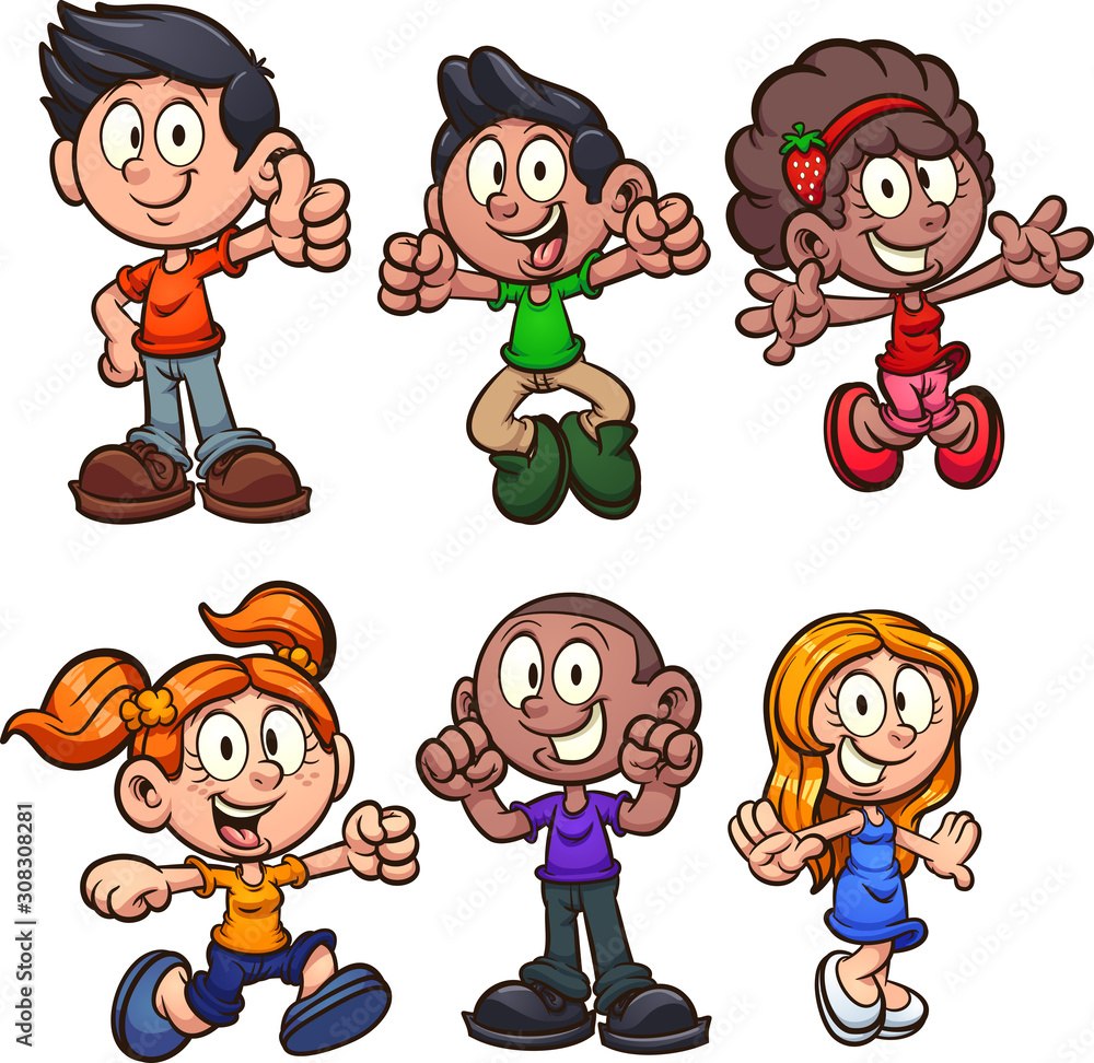 Happy cartoon boys and girls clip art. Vector illustration with simple gradients. Each on a separate layer.  - obrazy, fototapety, plakaty 