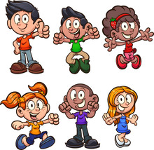 Happy Cartoon Boys And Girls Clip Art. Vector Illustration With Simple Gradients. Each On A Separate Layer. 