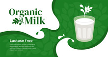 Vector Illustration Of Organic Lactose Free Milk, Vegetarian Drink. Design With Plant Based Beverage. Glass Of Soy, Almond, Oatmeal Or Coconut, Cashew Milk. Template For Banner, Layout, Flyer, Website