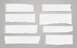 Pieces of torn horizontal white lined and squared paper with soft shadow are on grey background for text. Vector illustration