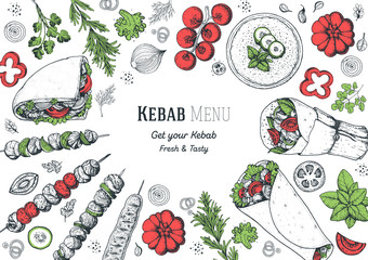 Doner kebab and ingredients for kebab, sketch illustration. Arabic cuisine frame. Fast food menu design elements. Shawarma hand drawn frame. Middle eastern food.