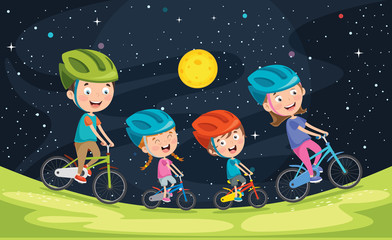 Happy Family Riding Bicycle Together