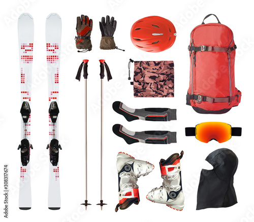 Fotomural Flat lay of mountain ski equipment and alpine accessories