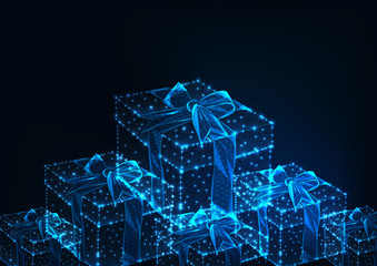 Wall Mural - Futuristic glowing low polygonal web banner with gift boxes on dark blue background