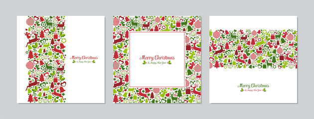 Wall Mural - Merry Christmas square cards set with pattern. Doodles and sketches vector Christmas illustrations.