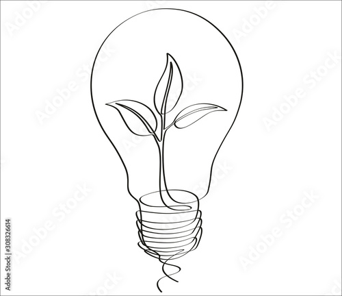 Continuous one line drawing little shoot grow in a light bulb Poster Mural XXL