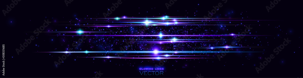 Glint cosmic rays. Power energy. Futuristic wave Flash. Magic sparks. Mystical shine streaks. Empty place. Neon wind lines. Glow effect. Beautiful light. Abstract background. Vector. EPS10 - obrazy, fototapety, plakaty 