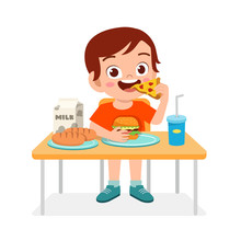 Happy Cute Kid Boy Eat Fast Food