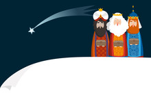 Christmas Greeting Card, Invitation. Three Magi Bringing Gifts. Biblical Kings Caspar, Melchior, Balthazar And Comet. Falling Star. Vector Illustration Background. Blank Paper Bannner, Copy Space.