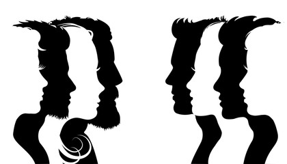 Group young people. Profile silhouette faces to faces boys and girls set. Abstract people and crowd, meeting or party. Concept of dialogue between people – stock vector