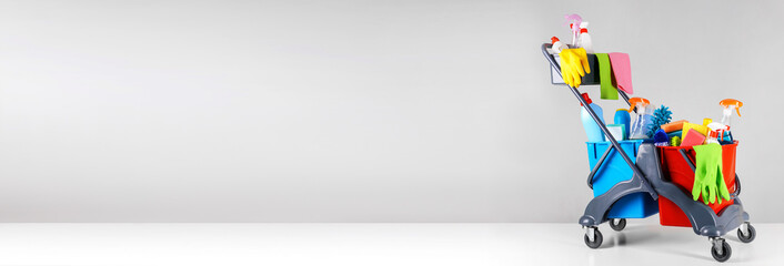 set of cleaning supplies on light background