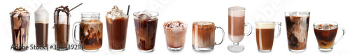 Naklejka na meble Plastic cup of tasty cold coffee with chocolate on white background