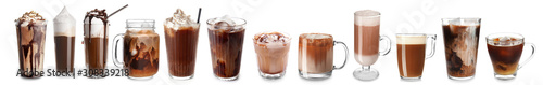Naklejka ścienna Plastic cup of tasty cold coffee with chocolate on white background