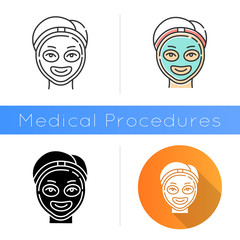 Sticker - Cosmetology icon. Spa facial treatment. Medical procedure. Face female mask for rejuvenation. Skincare and healthcare. Beauty salon. Flat design, linear and color styles. Isolated vector illustrations