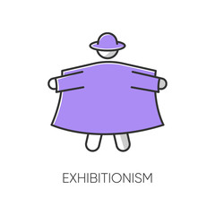 Sticker - Exhibitionism color icon. Nude body exposure. Pervert in open coat. Deviation and perversion. Inappropriate erotic behaviour. Paraphilia. Mental disorder. Isolated vector illustration