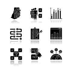 Wall Mural - Survey drop shadow black glyph icons set. Online poll. Choose option. Select answer. Approve, disaprrove. Social opinion. Mass poll. Written test. Statistics infograph. Isolated vector illustrations