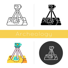 Poster - Field survey icon. Research equipment. Archeological exam. Digital tool on map. Geological inspection. Topographic data gathering. Flat design, linear and color styles. Isolated vector illustrations