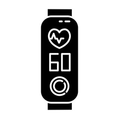 Sticker - Fitness tracker with heart rate monitoring glyph icon. Wellness device with heartbeat control. Fitness app with pulse on display. Silhouette symbol. Negative space. Vector isolated illustration