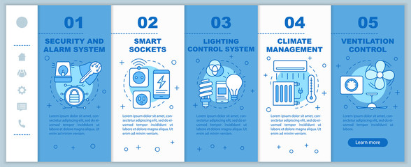 Smart house onboarding mobile web pages vector template. Home automation. Responsive smartphone website interface idea with linear illustrations. Webpage walkthrough step screens. Color concept