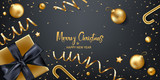 Fototapeta Mapy - Christmas background. Merry Christmas and happy new year. Golden gift box with gold ribbons and confetti on a black background.