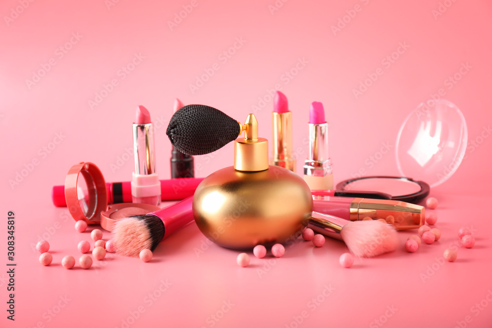 Set of decorative cosmetics on color background