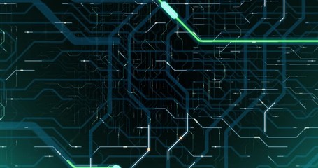 Poster - 4K seamless loop of printed circuit board (PCB) in motion. Artificial intelligence (AI), data mining, deep learning modern computer technologies animation with printed circuit board design. 3D render