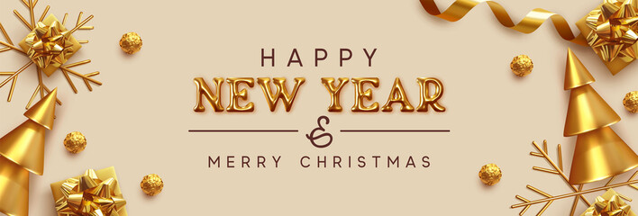 Happy New Year banner. Xmas design gold gifts box, 3d metal snowflakes, golden cone-shaped Christmas trees, Horizontal posters, greeting cards, headers for website. Objects viewed from above. top view