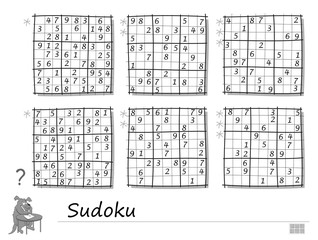 Set of Sudoku puzzles. 3 difficulty levels. Logic game for children and adults. Printable page for kids brain teaser book. Developing counting skills. IQ training test. Black and white vector image.